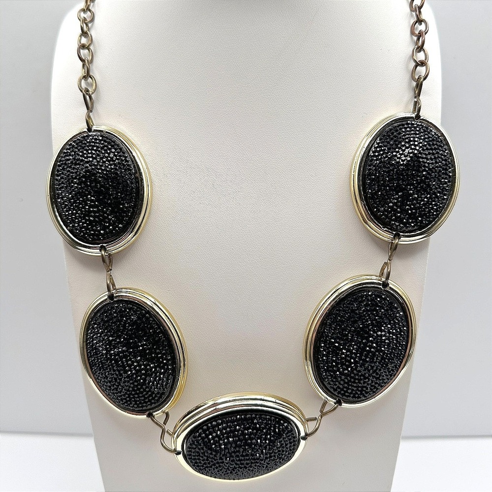 Vintage 90s Black Seed Bead Chunky Statement Necklace Gold Tone Oval Link Boho